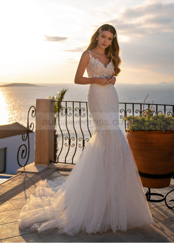 Beaded Ivory Lace Tulle Mermaid Wedding Dress